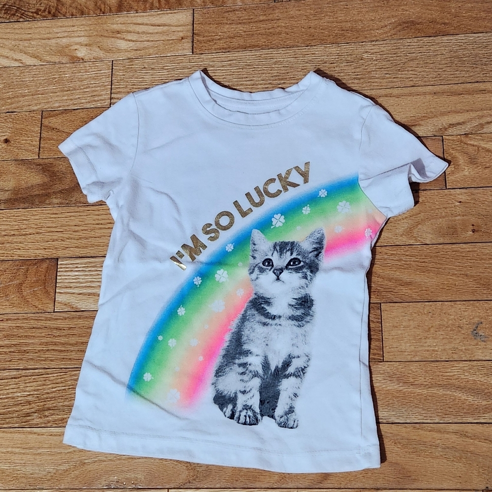 Girl's rainbow I'm so lucky with cat shirt